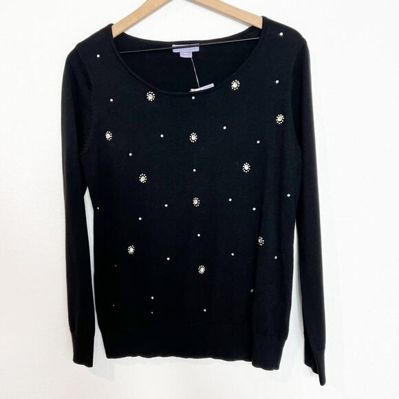 Laura Scott Black Women Long Sleeve Beaded Front Medium Sweater Brand New - Picture 1 of 5